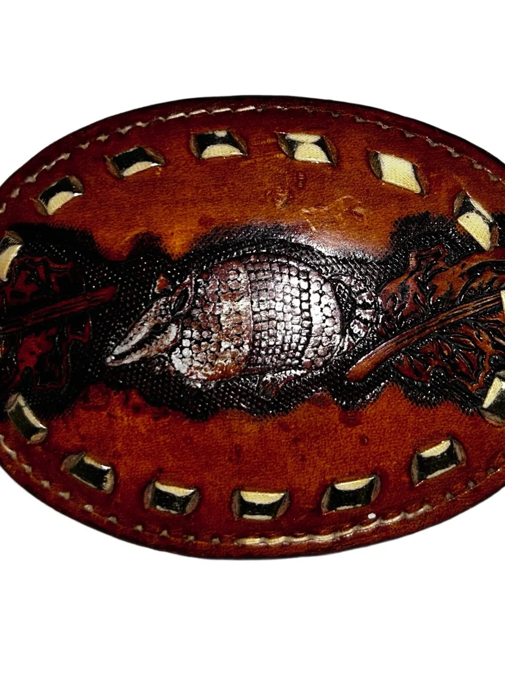 Tony Lama ~ Vintage ~ Brown ~ Armadillo Texas Western Leather Tooled Belt Buckle